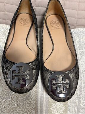 Tory Burch Metallic Charcoal Logo Ballet Flats